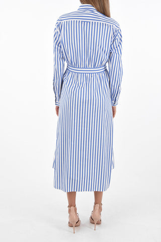 Vestito Midi a Righe con Collo Coreano e Taschino