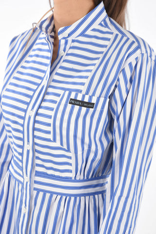 Vestito Midi a Righe con Collo Coreano e Taschino