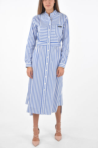 Vestito Midi a Righe con Collo Coreano e Taschino