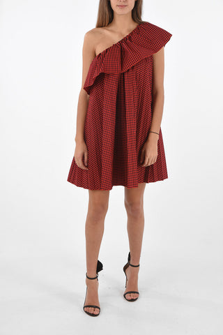 Single-sleeved Gingham Dress with Ruffle and Pleated Skirt