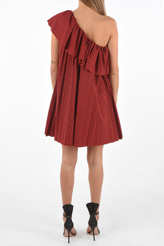 Single-sleeved Gingham Dress with Ruffle and Pleated Skirt