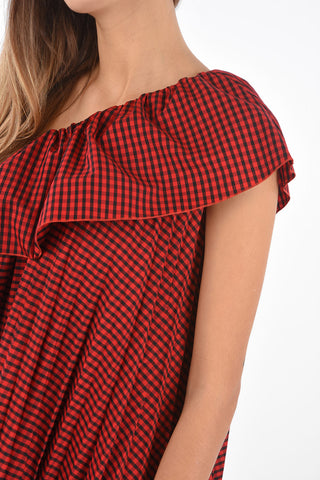 Single-sleeved Gingham Dress with Ruffle and Pleated Skirt