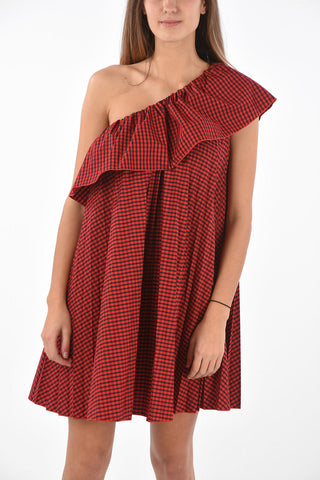 Single-sleeved Gingham Dress with Ruffle and Pleated Skirt