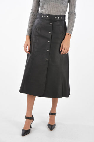 Leather Midi Skirt with Front Snap Buttoned Split