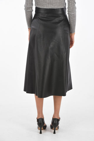 Leather Midi Skirt with Front Snap Buttoned Split