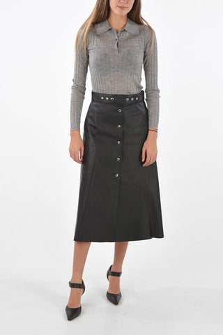 Leather Midi Skirt with Front Snap Buttoned Split