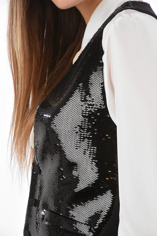 Wool Vest with Silk Back and All-Over Sequines Front