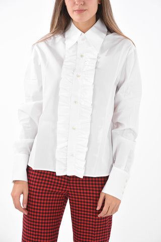 Ruffle Front Cotton Shirt with Straight Collar