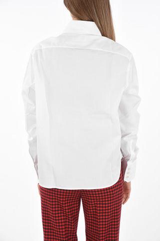 Ruffle Front Cotton Shirt with Straight Collar