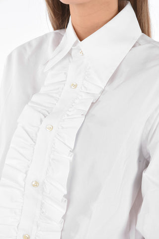 Ruffle Front Cotton Shirt with Straight Collar