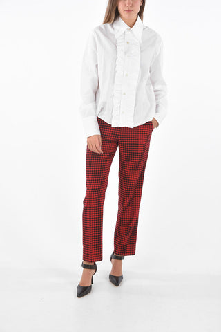 Ruffle Front Cotton Shirt with Straight Collar