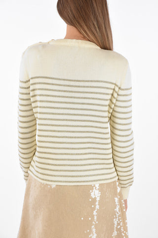 Crew Neck Striped Sweater with Shoulder Buttoning