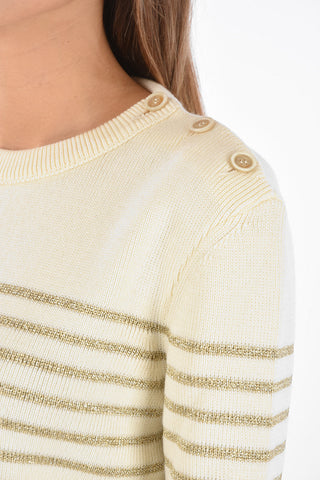 Crew Neck Striped Sweater with Shoulder Buttoning