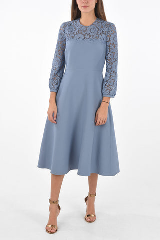Flared Wool and Silk Midi Dress with Lace Sleeves