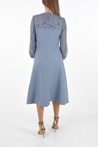 Flared Wool and Silk Midi Dress with Lace Sleeves