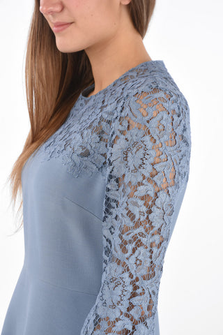 Flared Wool and Silk Midi Dress with Lace Sleeves