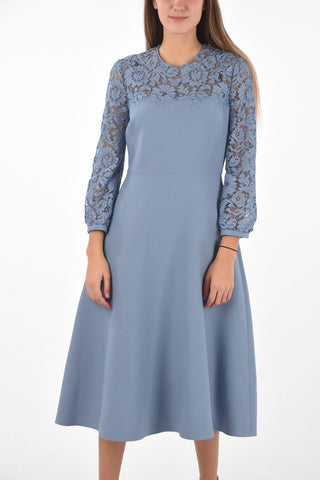Flared Wool and Silk Midi Dress with Lace Sleeves