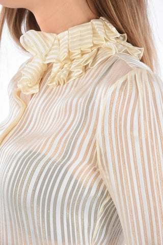 Camicia Gessata in Lurex con Collo e Maniche Arricciati