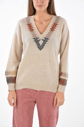 V Neck Embroidered Wool Blend Sweater