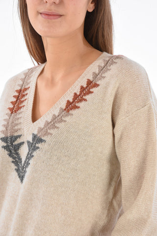 V Neck Embroidered Wool Blend Sweater