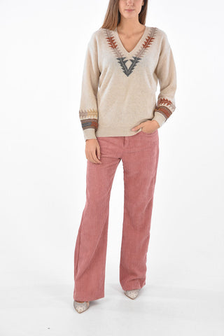 V Neck Embroidered Wool Blend Sweater