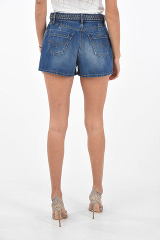 Shorts 5 Tasche in Denim con Logo Ricamato