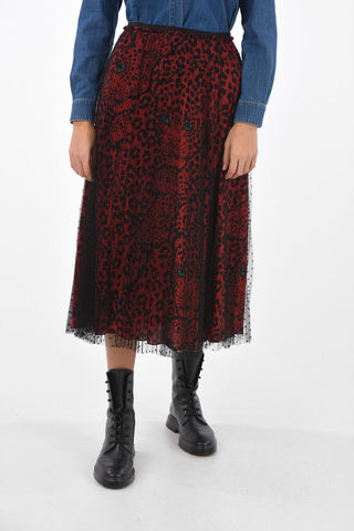 Animal Patterned Midi Skirt with Pleated Polka Dot Tulle Outer Layer