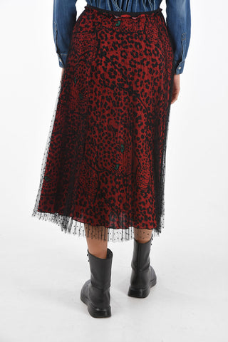 Animal Patterned Midi Skirt with Pleated Polka Dot Tulle Outer Layer