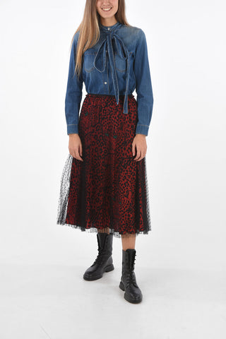 Animal Patterned Midi Skirt with Pleated Polka Dot Tulle Outer Layer