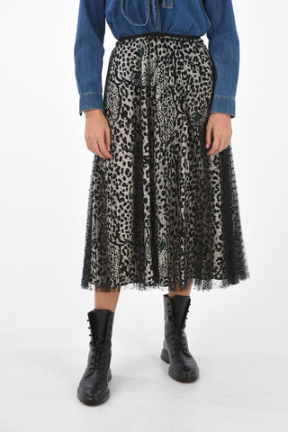 Animal Patterned Midi Skirt with Pleated Polka Dot Tulle Outer Layer