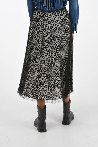 Animal Patterned Midi Skirt with Pleated Polka Dot Tulle Outer Layer