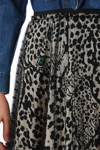 Animal Patterned Midi Skirt with Pleated Polka Dot Tulle Outer Layer