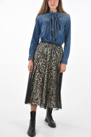 Animal Patterned Midi Skirt with Pleated Polka Dot Tulle Outer Layer
