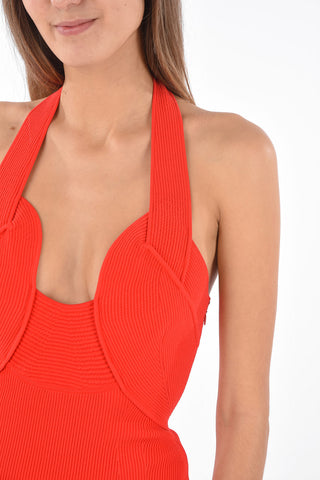 Abito Halter a Costine Elasticizzato con Fondo Svasato