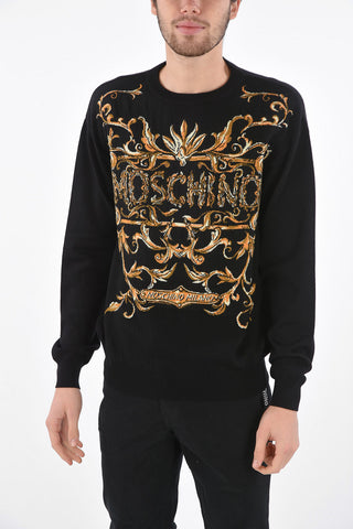 Crew Neck Virgin Wool Pullover with Front Embroidery