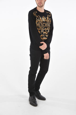 Crew Neck Virgin Wool Pullover with Front Embroidery