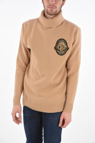 Turtleneck Wool and Cashmere Pullover with Applied Logo