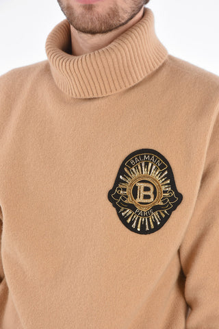 Turtleneck Wool and Cashmere Pullover with Applied Logo