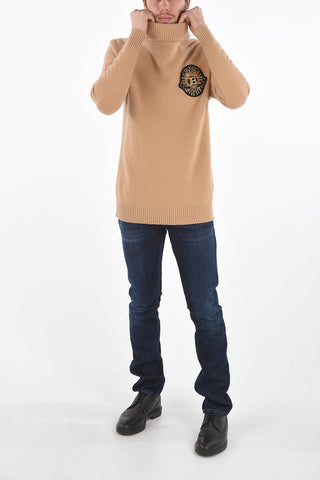 Turtleneck Wool and Cashmere Pullover with Applied Logo