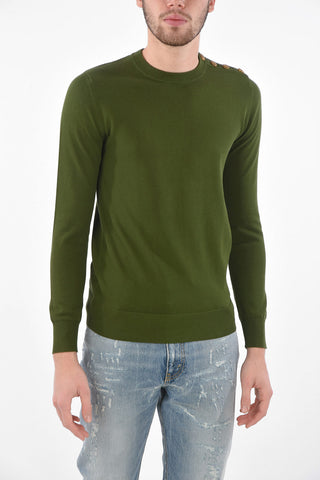 Crew Neck Cotton Sweater with Shoulder Jewel Buttons