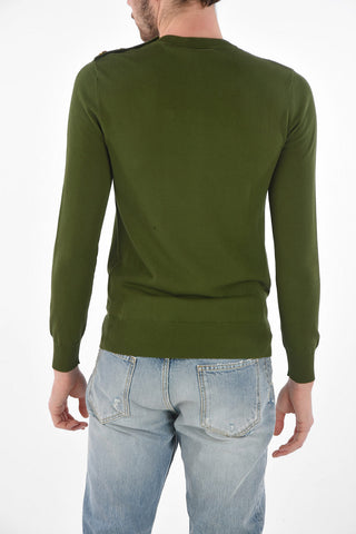 Crew Neck Cotton Sweater with Shoulder Jewel Buttons