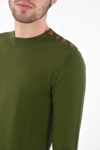 Crew Neck Cotton Sweater with Shoulder Jewel Buttons
