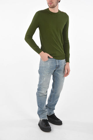 Crew Neck Cotton Sweater with Shoulder Jewel Buttons