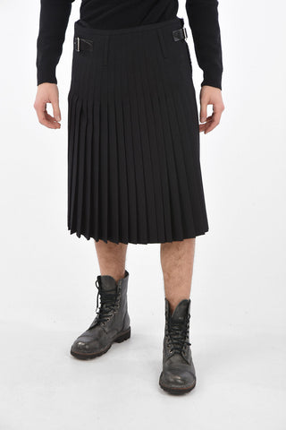 Front Pleated Midi Skirt with Buckle and Leather Details