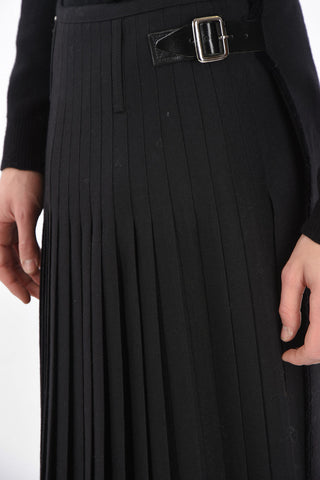 Front Pleated Midi Skirt with Buckle and Leather Details