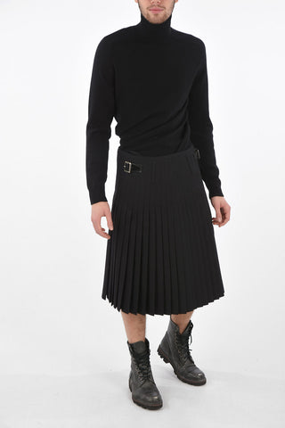 Front Pleated Midi Skirt with Buckle and Leather Details