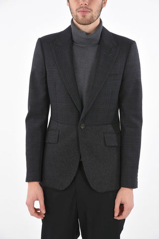 district check wool center vent peak lapel 1-button blazer