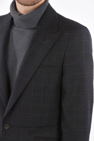 district check wool center vent peak lapel 1-button blazer