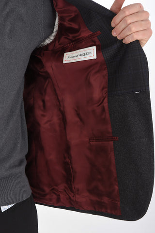 district check wool center vent peak lapel 1-button blazer