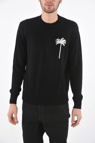 Crew Neck Virgin Wool Sweater with Contrasting Embroideries
